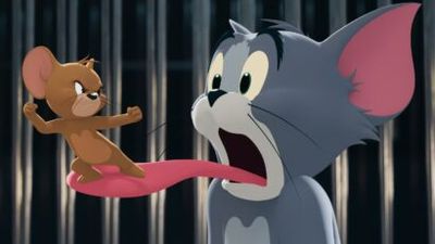 Cartoon mouse leaps at a surprised gray cat, tongue sticking out between them in a dramatic chase scene.