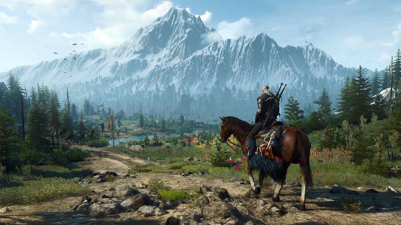 The witcher 3 next gen 1 a Armored Rider on a Brown Horse Gazes at a Valley with Pine Trees and Snow capped Mountains in the Distance