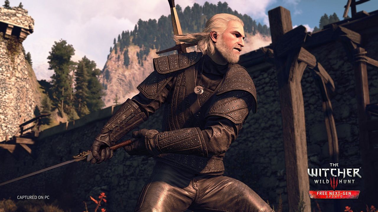 The witcher 3 wild hunt complete edition netflix quest Geralt of Rivia in Studded Armor with Sword Drawn Standing by a Stone Fortress with Trees and Mountains in the Background