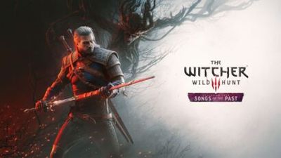 Game cover art: Geralt in armor holding a glowing red sword, dark fiery background, Witcher logo with 'Songs of the Past' banner.