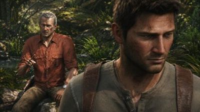 Close-up of a rugged man in a brown shirt with a backpack strap in a jungle; behind him, an older man in a red shirt points while seated with a rifle nearby.