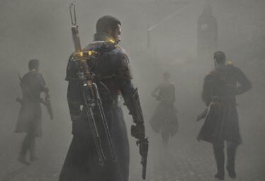 Man in a long coat with steampunk weapons walks through a foggy street, leading a group toward a clock tower.