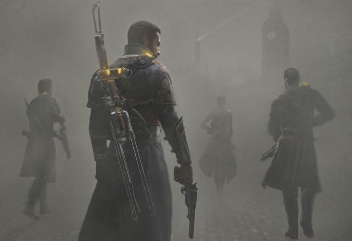 Man in a long coat with steampunk weapons walks through a foggy street, leading a group toward a clock tower.