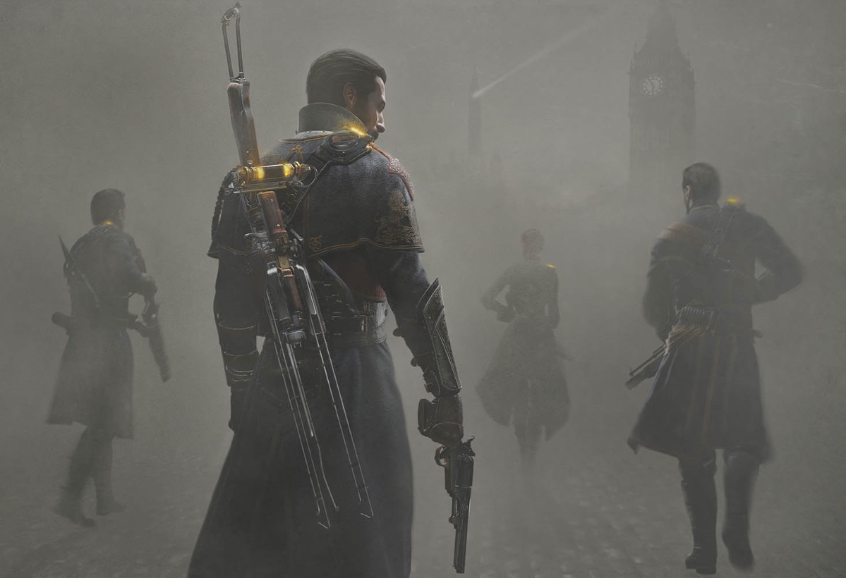 Wallpaper the order 1886 01 1920x1080 Man in a Long Coat with Steampunk Weapons Walks Through a Foggy Street Leading a Group Toward a Clock Tower