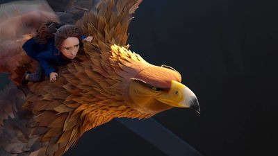 Little girl in a blue jacket clings to a large golden eagle mid-flight.