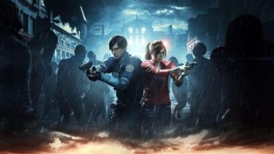 Two armed survivors back-to-back in a rain-soaked city street, facing a crowd of zombies at night.