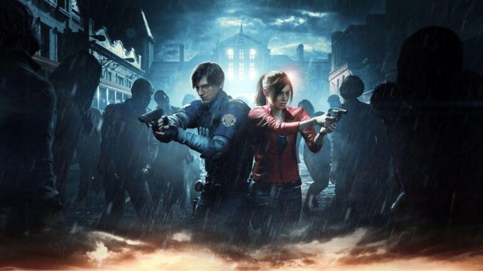 Two armed survivors back-to-back in a rain-soaked city street, facing a crowd of zombies at night.