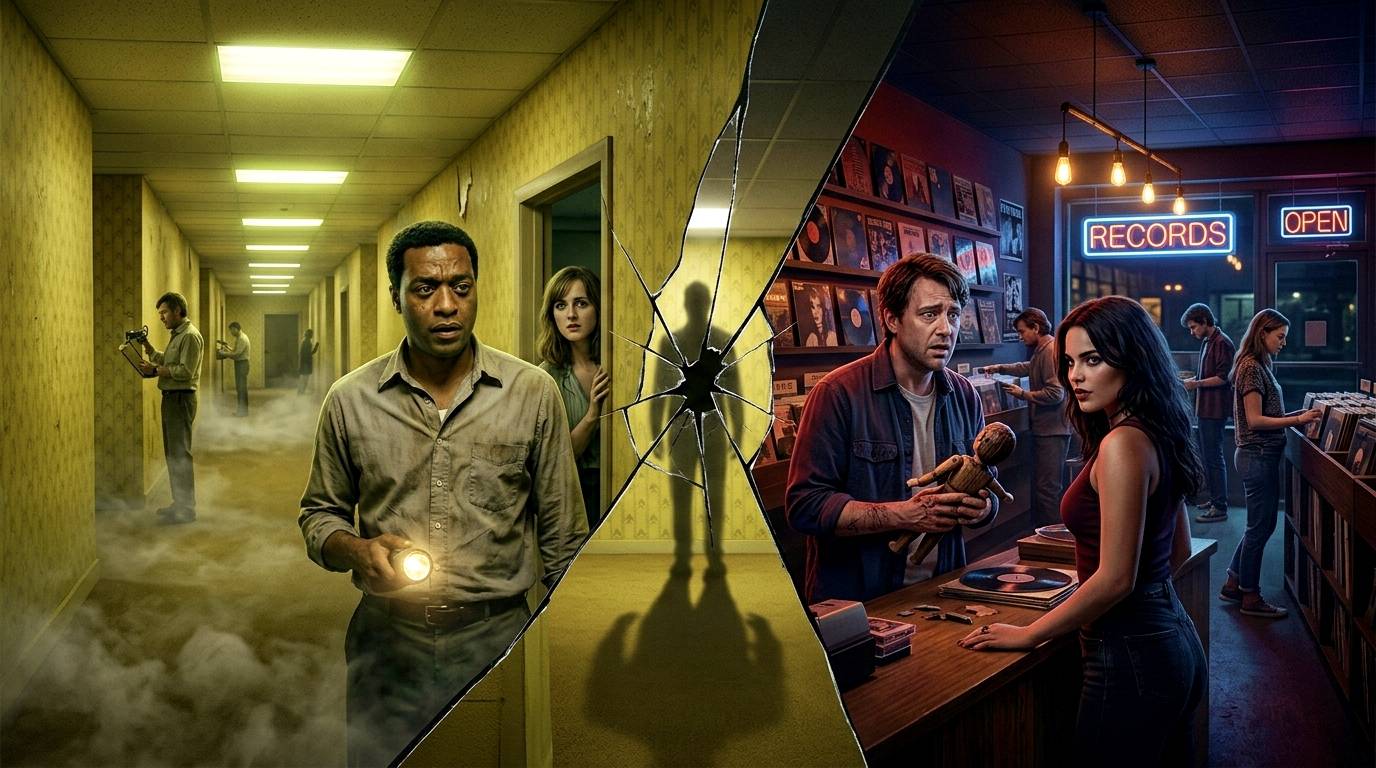 Split screen Scene Left Side Shows a Man with a Flashlight in a Foggy Yellow Hallway Right Side Shows a Man with a Doll and a Woman at a Vinyl Records Shop Counter Under Neon Lights a Broken Glass Effect Divides Them in the Center
