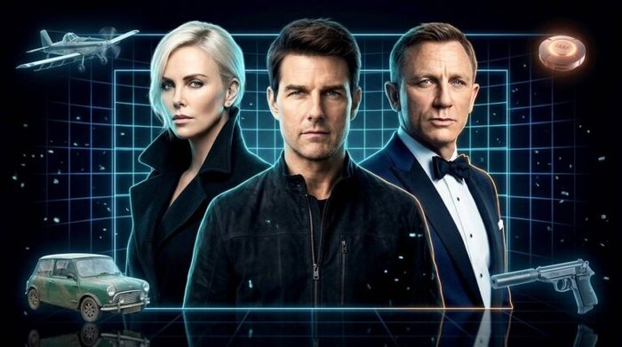 Three lead characters stand before a neon grid backdrop, with a vintage car, plane, and gun visible around them (action/spy poster).