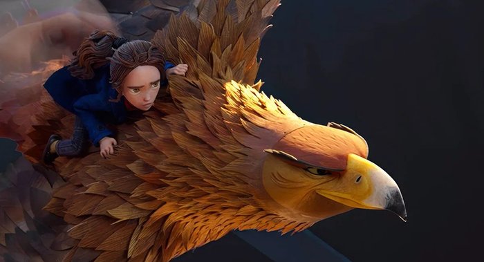 Young girl clings to a giant golden eagle mid-flight, looking ahead with a determined expression.