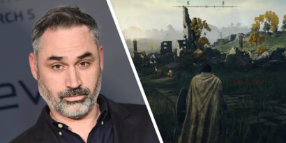 Portrait of a middle-aged man with a gray beard in a dark blazer on the left; on the right, a cloaked knight stands in a ruined fantasy battlefield.