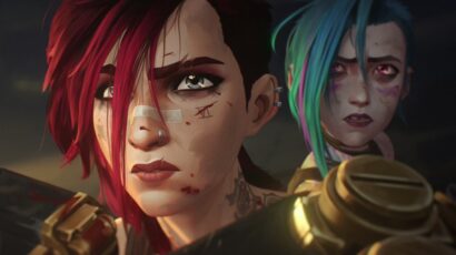 Close-up of two punk-style characters: a red-haired woman with a bandage and facial tattoos in the foreground, and a teal-haired ally behind her with bruises and scars.