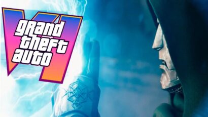 Grand Theft Auto V promotional art with the neon pink–purple logo and a hooded, masked figure amid electric effects on the right.