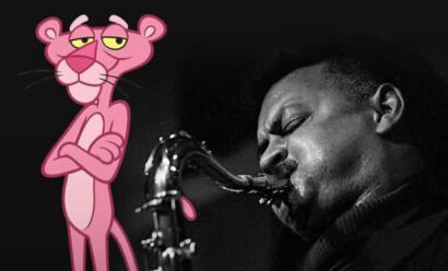 Pink cartoon panther with arms crossed stands beside a grayscale photo of a man playing a saxophone, creating a playful contrast.