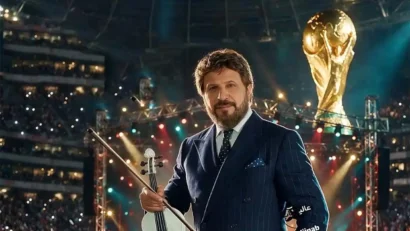 Man in a navy pinstripe suit holds a violin on a bright concert stage, with a large golden trophy in the background and audience lights.