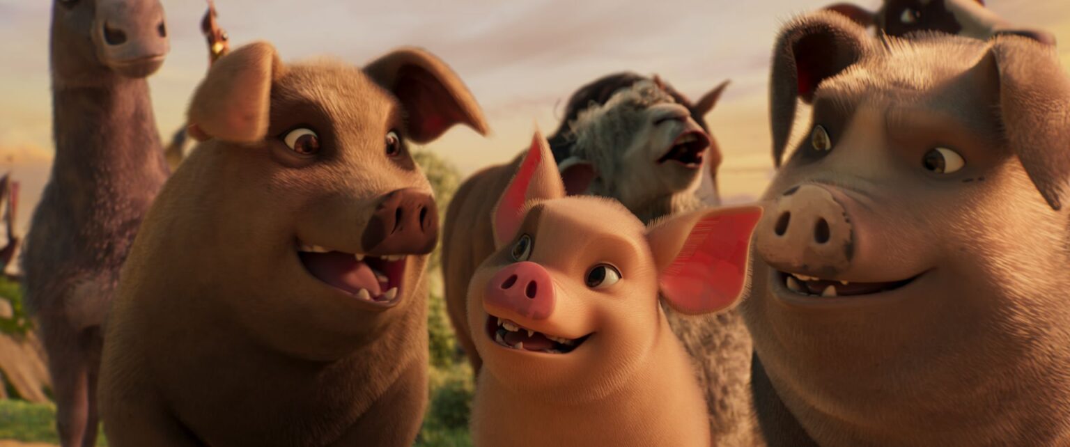 Group of Smiling Farm Pigs Gathered Together Outdoors at Sunsetsunlight in a Cheerful Scene