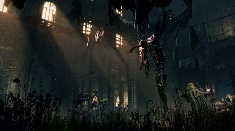 1024492 lovecraftian horror and bloodborne Dim Ruined Cathedral Interior Overgrown with Tall Grass Eerie Figure Suspended from Chains Adds Menace