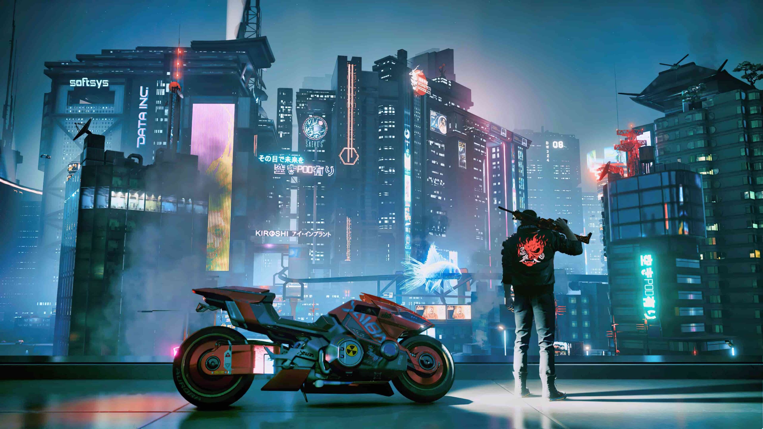 2560x1440 City is Mine Cyberpunk 2077 1440p Resolution a Neon lit Futuristic Cityscape with a Parked Orange Motorcycle in the Foreground and a Person in a Dark Jacket with a Red Demon Design Facing Away Toward Towering Skyscrapers