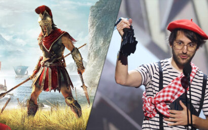 Split-screen image of a Spartan-like warrior in armor on the left and a mime-style performer in a striped shirt and red beret speaking into a microphone on the right.