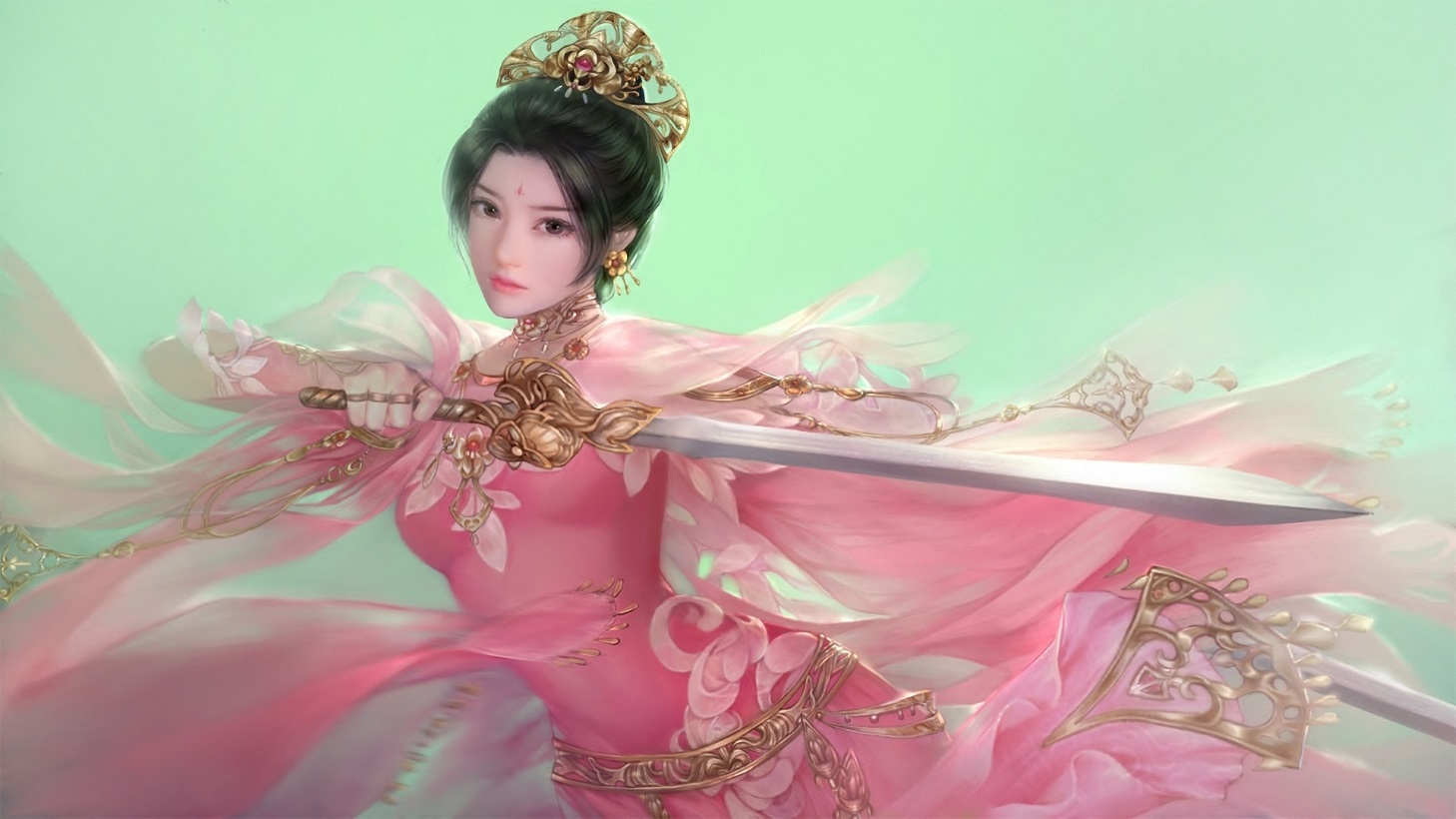 476554 Female Fantasy Warrior in a Pink Flowing Dress Wielding a Ornate Sword Against a Mint Green Background