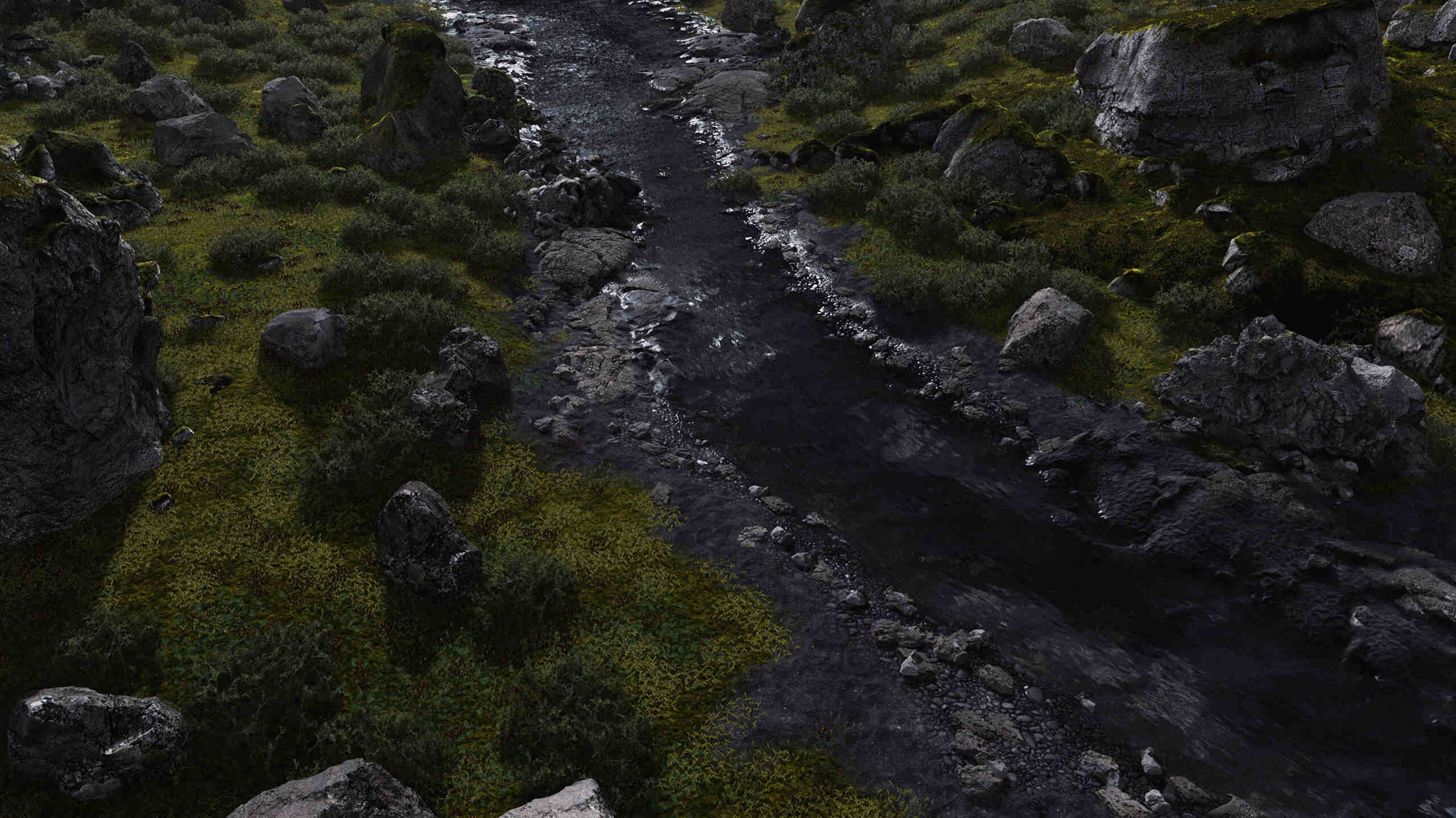 5fb623f97e43c Dark Rocky Ravine with a Narrow Winding Stream Flanked by Mossy Shrubbery and Large Boulders