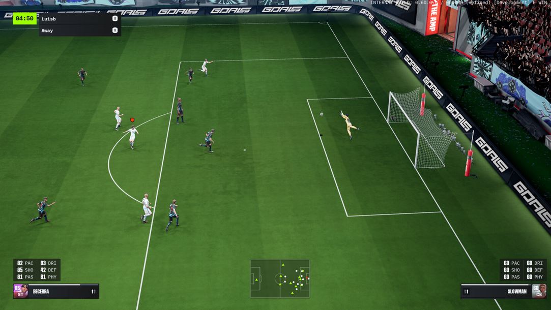 Soccer Video Game Screenshot Players Near the Penalty Area with a Diving Goalkeeper Score 00 at 0450 On screen Stats and a Mini map at the Bottom