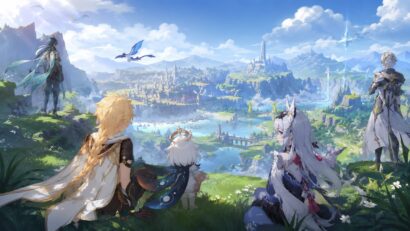 Group of four fantasy adventurers sit on a hillside, overlooking a valley with a river, bridges, and a distant castle-city under blue skies.