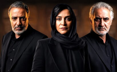 Three adults in black formal attire with stern expressions; center is a woman wearing a black hijab in a studio portrait.