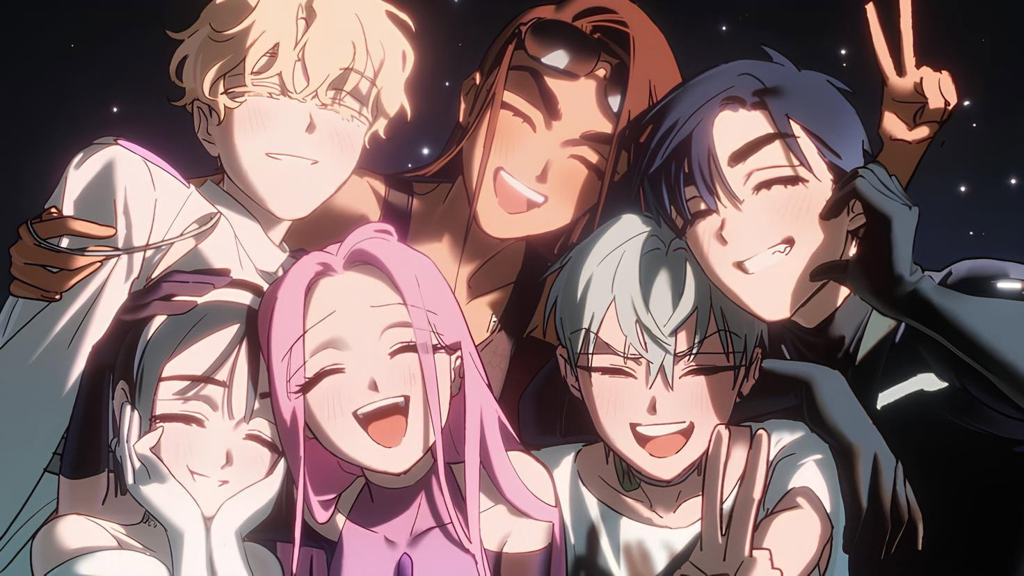 Seven Friends Hug Close for a Group Selfie at Night All Smiling and Posing with Cheerful Energy Under a Starry Sky