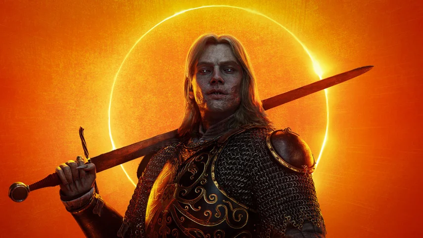 Ambrus dawnwalker Armored Fantasy Warrior with a Long Sword Resting on His Shoulder Against a Glowing Orange Halo Background in Fiery Light