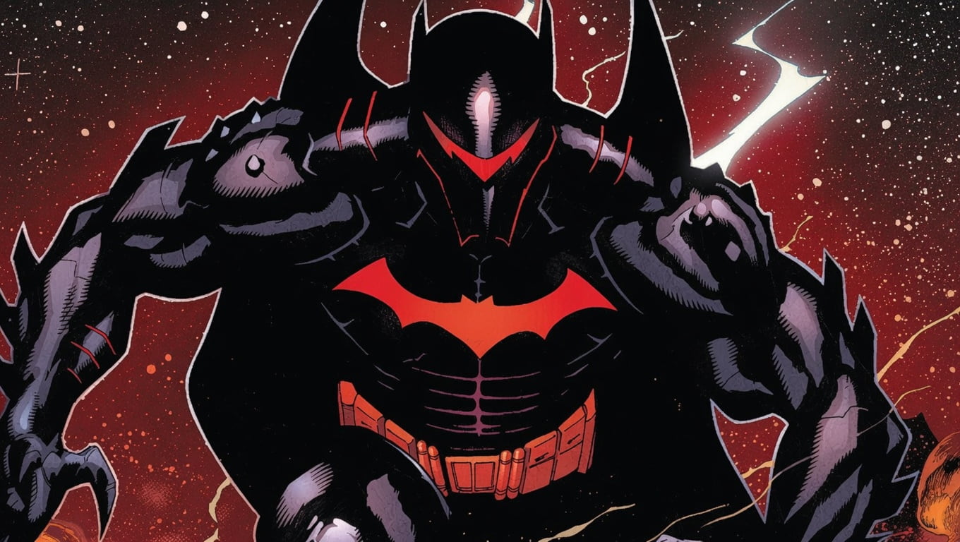 Dark Armored Bat themed Figure in Black with a Red Bat Emblem on the Chest Set Against a Starry Red Space Backdrop
