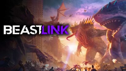 Promo image for a game called BeastsLink featuring giant monsters attacking a city at sunset.