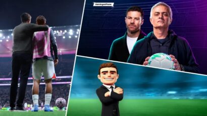 Collage showing a stadium scene with two players embracing, a man holding a soccer ball, and a cartoon businessman on a football field backdrop.