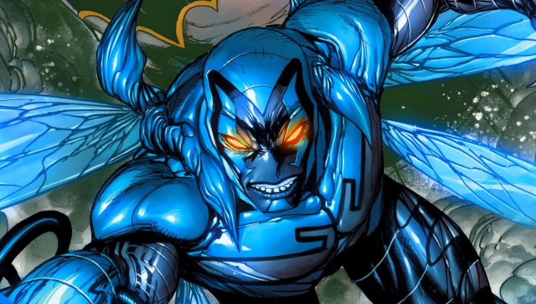 Dynamic Close up of a Blue Armored Insect like Superhero with Glowing Orange Eyes and Translucent Wings Charging Forward in Battle