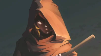 Hooded figure in an orange cloak holding a wooden staff, face shadowed by the hood.