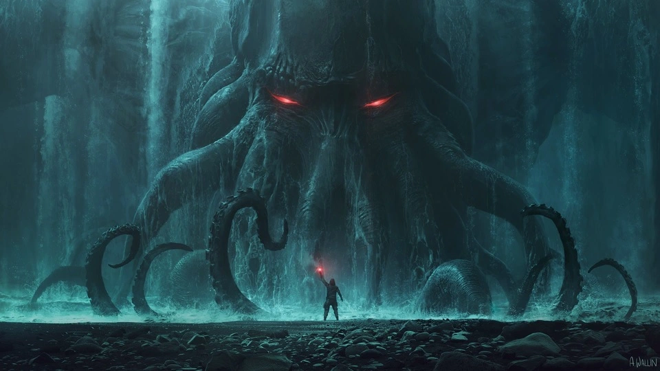 Cthulhu andree wallin a Colossal Dark Sea Monster with Glowing Red Eyes Towers over a Lone Figure Holding a Red Flare on a Rocky Icy Shoreline