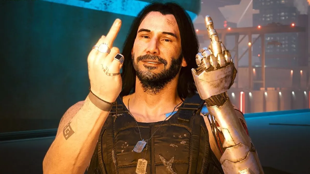 Cyberpunk 2077 silverhand flip off Cyborg Man with a Metal Prosthetic Arm Flashing a Middle Finger Wearing a Tactical Vest in a Neon lit Urban Backdrop