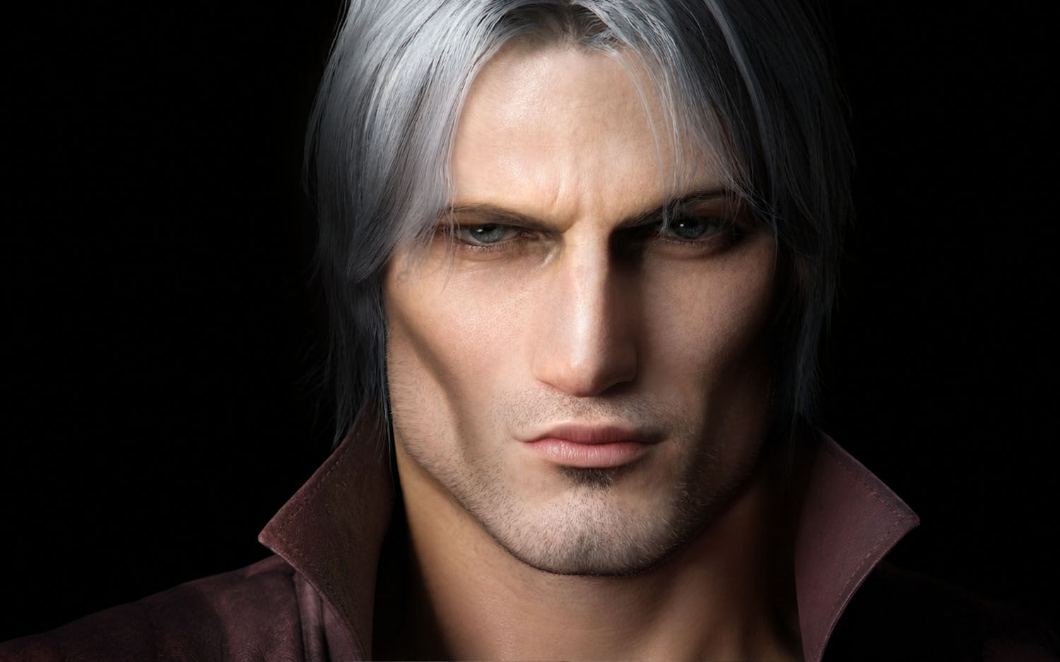 Dante Lookmaxing Close up Portrait of a Man with Silver Hair and a Stern Expression Wearing a Dark Maroon Jacket Against a Black Background
