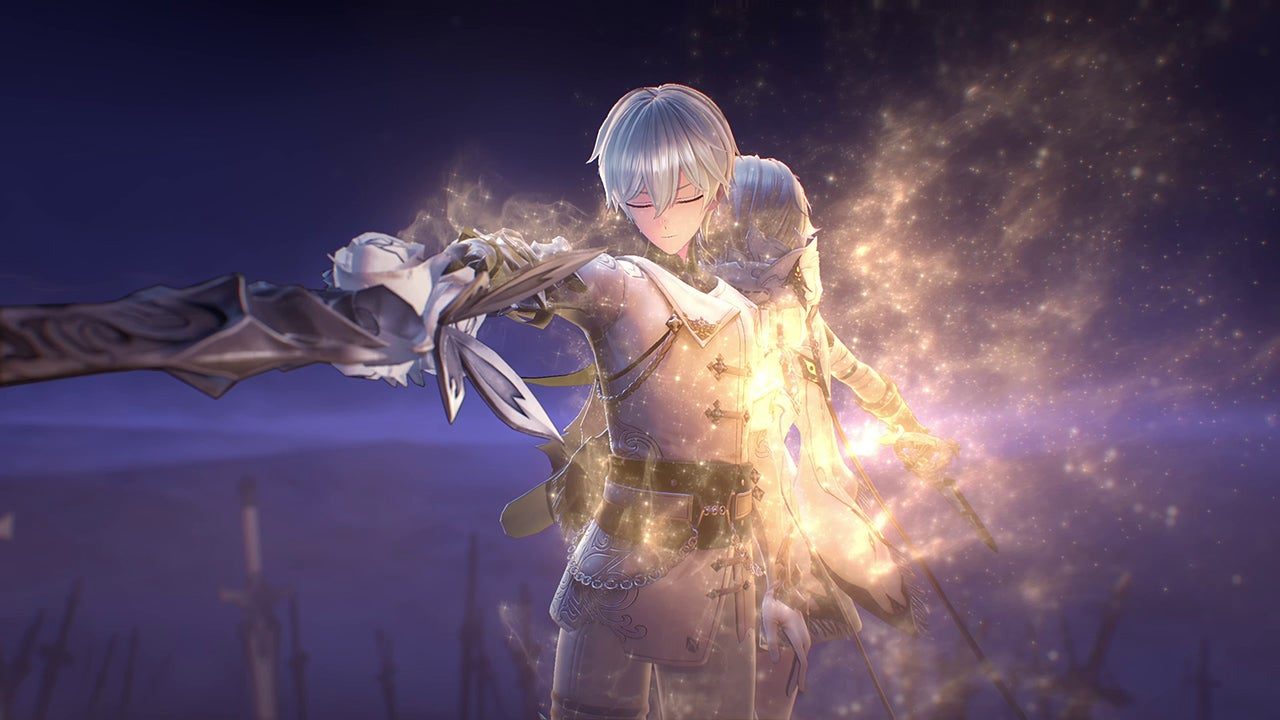 Two Armored Figures Stand Backtoback Surrounded by Golden Magical Light Against a Dark Night Sky