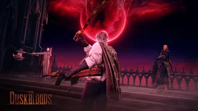 The Duskbloods cover: a hero with a long sword stands on a gothic balcony under a red moon, facing two foes.