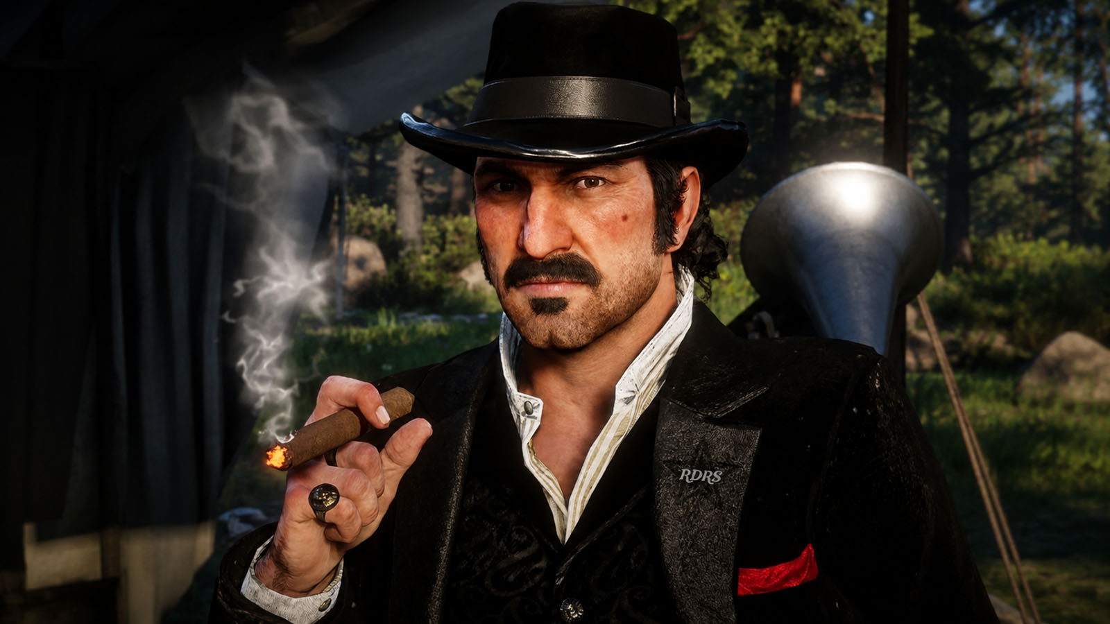 Dutch Van Der Linde Man in a Black Cowboy Hat and Velvet Coat Smoking a Lit Cigar in a Forest Camp