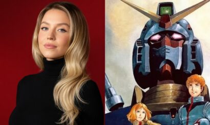 Left: portrait of a blonde woman in a black turtleneck against a red background; right: retro sci‑fi illustration of a large blue robot with two young pilots in front.