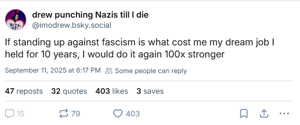 G0m0onkxuaai4lq Screenshot of a Tweet by imodrewbskysocial Stating They'd Stand Up Against Fascism Even if It Costs Their Dream Job 10 Years Strong 100x More Determined