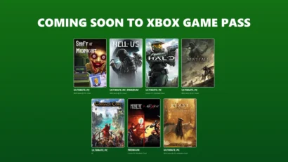 Coming soon to Xbox Game Pass: row of game covers on a green background showing multiple titles like Shift at Midnight, Hell Is Us, Halo, and Mistfall Hunter.