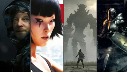 Collage of four game character portraits: hooded soldier, female fighter with bold eye makeup, towering mech and lone warrior, armored knight on a snowy battlefield.