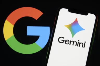 Google 'G' logo beside a smartphone displaying Google's Gemini logo, suggesting AI and tech collaboration.