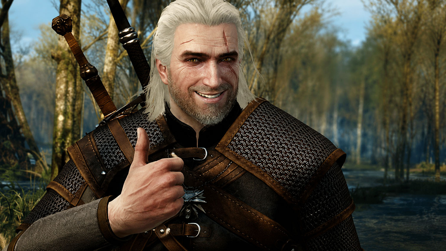 Geralt of Rivia Smiling Geralt of Rivia from the Witcher Gives a Thumbs Up in a Sunlit Forest Smiling Confidently