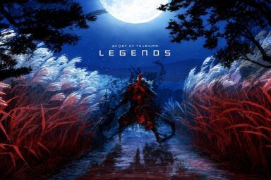 Red-armored samurai stands in a moonlit blue field of tall grasses, with the Legends title shimmering above in the night sky.