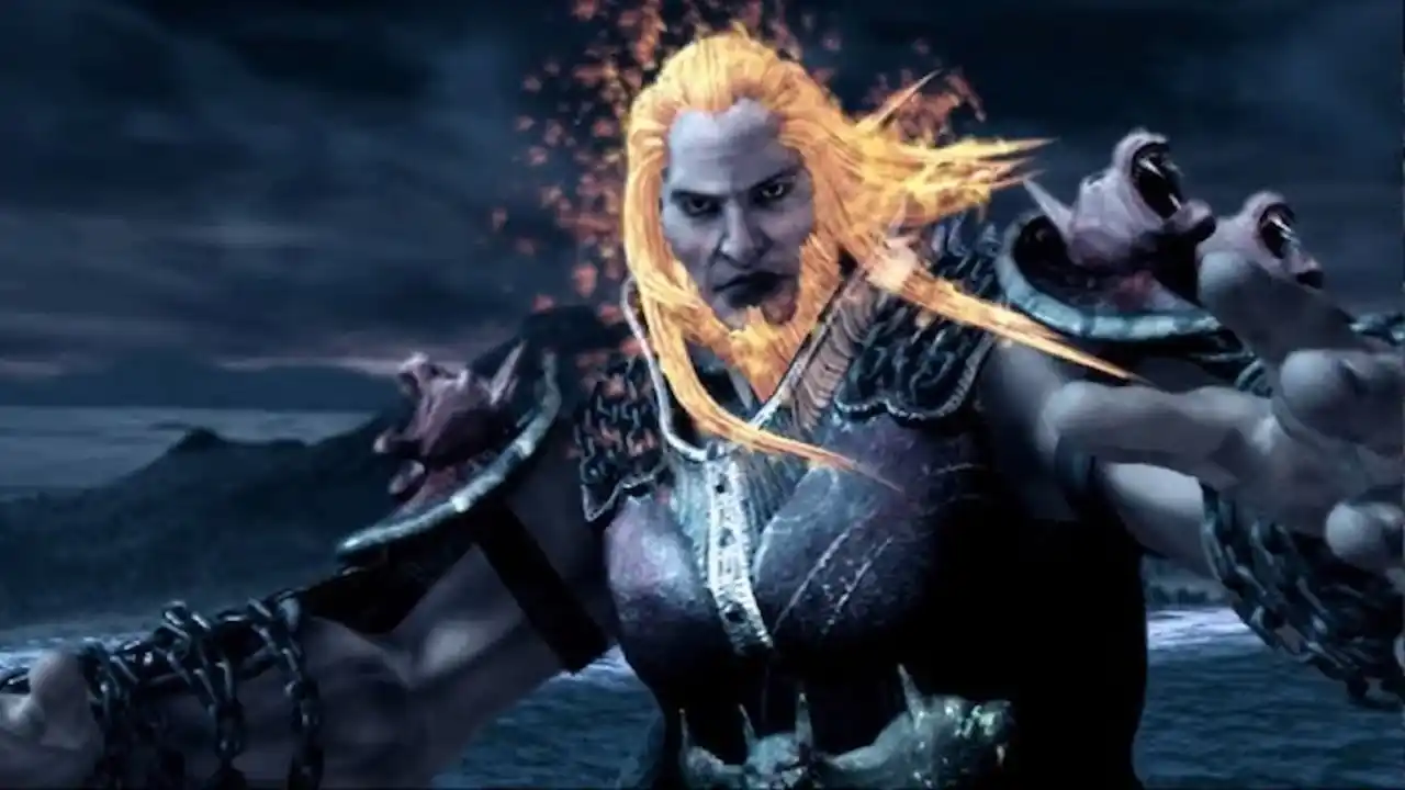 God of war ares Male Fantasy Warrior with Glowing Orange Hair Summoning Fiery Energy Reaching Toward the Viewer on a Dark Coastal Backdrop