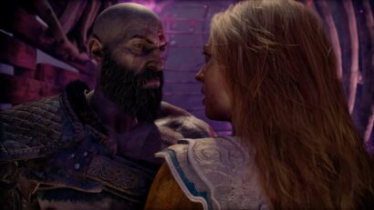Close-up of a bearded, scarred man in armor facing a blonde woman in ornate armor in a tense, purple-lit fantasy setting.